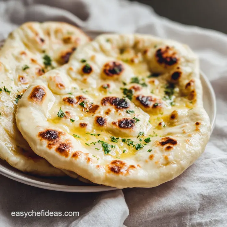 Stack of soft, pillowy flatbreads topped with minced garlic and fresh parsley beside a small bowl of dipping sauce.