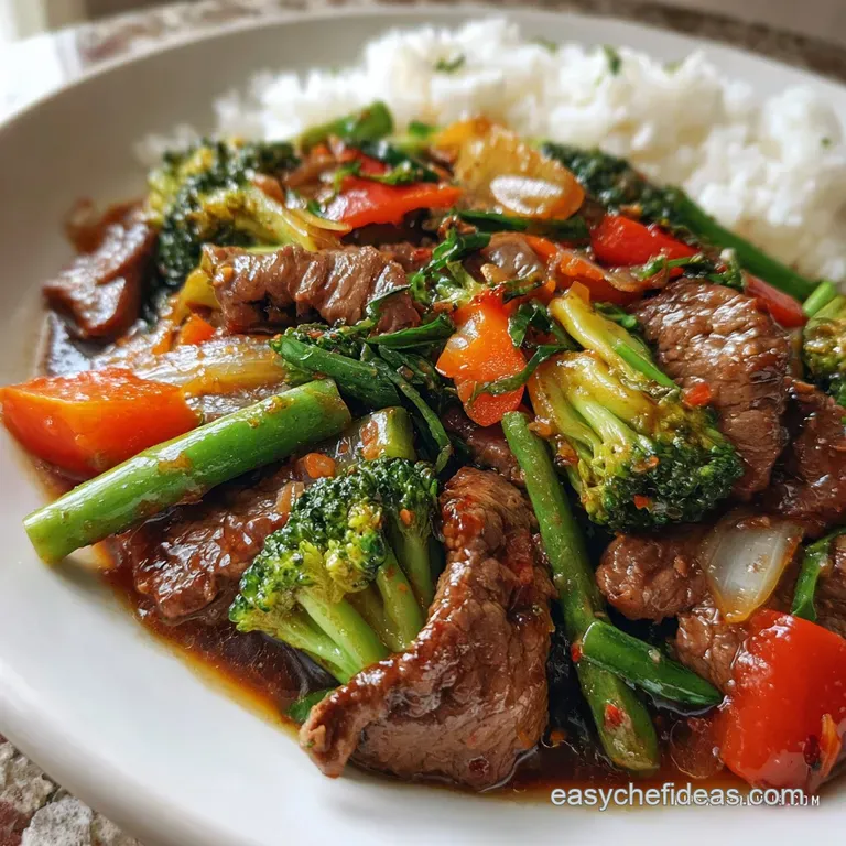 Perfectly plated beef stir-fry: vibrant bell peppers and scallions artfully arranged, steam rising, hinting at savory deli...