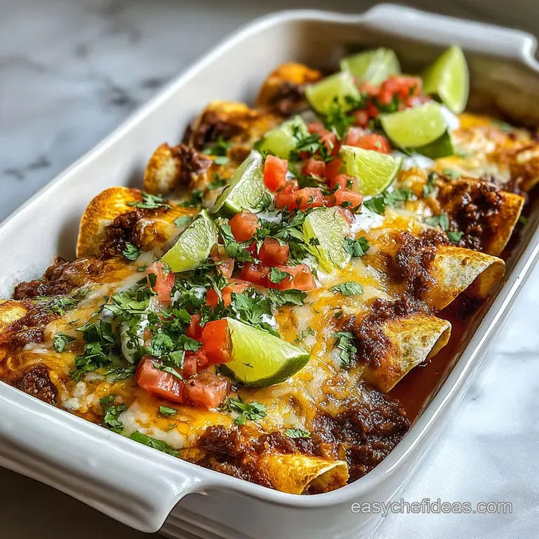 A single beef enchilada covered with melted cheese, red sauce and fresh cilantro served with rice and beans.