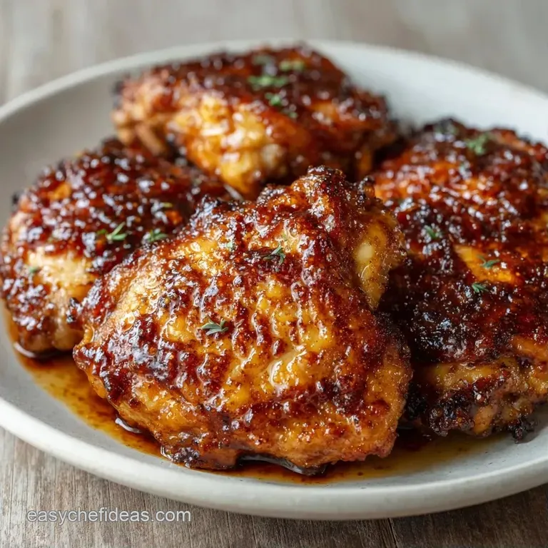 Glazed chicken thighs served on a ceramic plate with steamed broccoli and a drizzle of mahogany-colored sauce.