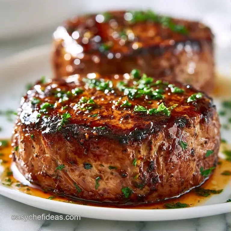 Sliced tenderloin with a shimmering glaze plated beside roasted asparagus and a swirl of red wine reduction sauce.