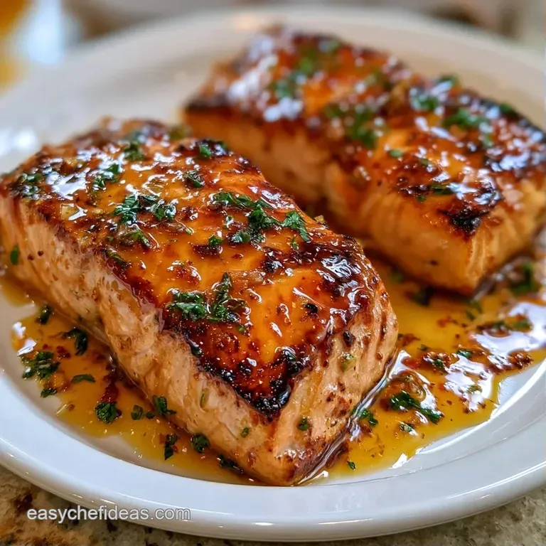 Plated salmon fillet with a glistening honey glaze, served with charred asparagus and a fresh lemon wedge.