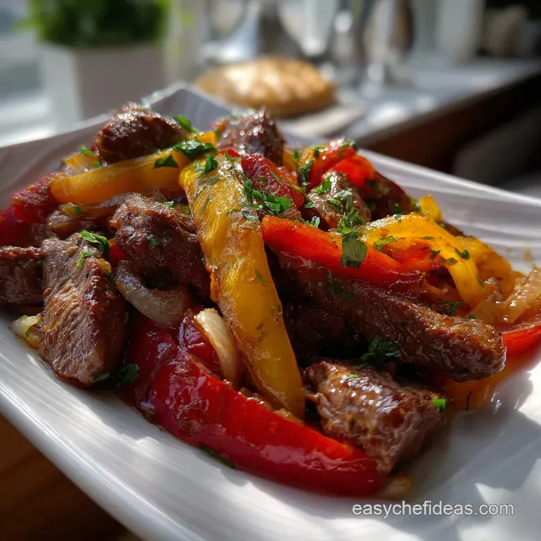Sizzling strips of steak, vibrant peppers and onions, expertly arranged on a warm plate. A colorful, enticing meal.