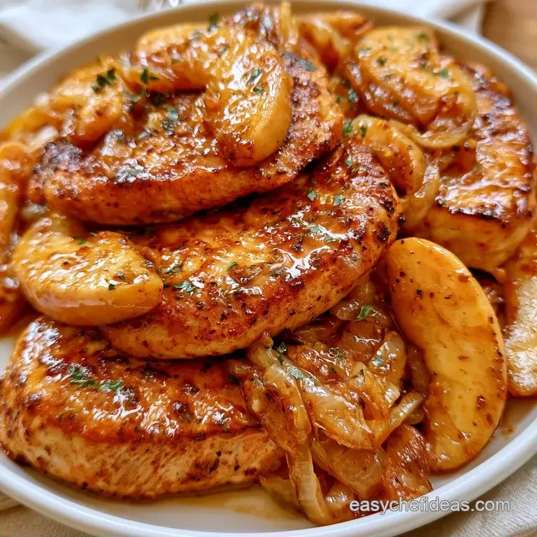 Seared chicken breast on a white ceramic plate, garnished with saut&eacute;ed apple wedges and a sprig of fresh thyme.