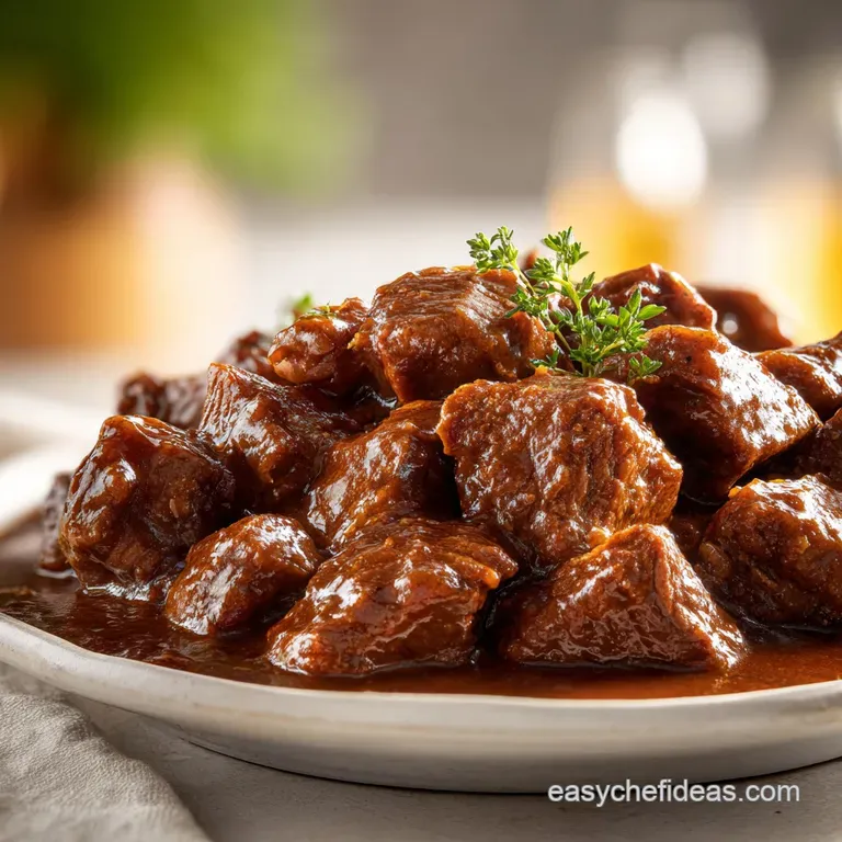 A shallow white bowl of slow-cooked beef stew topped with fresh cilantro and served with warm, fluffy corn tortillas.