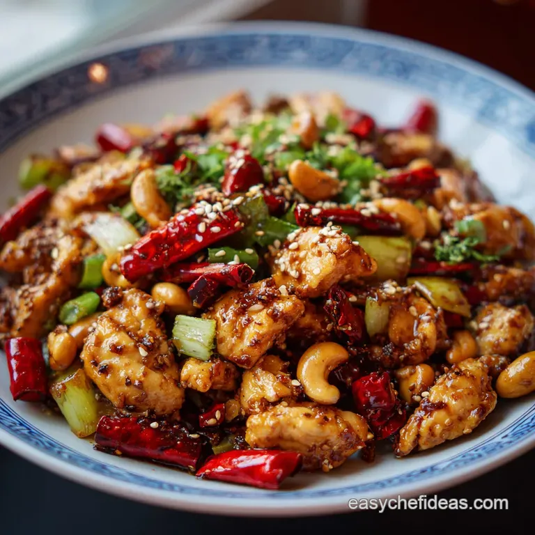 A glossy, richly colored chicken stir-fry artfully arranged in a deep ceramic bowl, garnished with fresh scallions.
