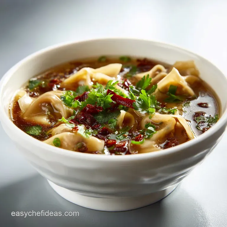 Delicate porcelain bowl filled with steaming wonton soup, garnished with vibrant green cilantro and a drizzle of chili oil...