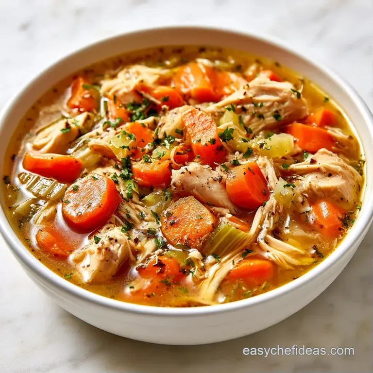 A rustic ceramic bowl of golden broth with chicken and parsley, paired with a toasted piece of sourdough bread.