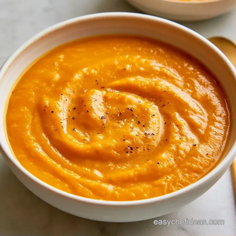 A white porcelain bowl of smooth orange puree garnished with microgreens and a drizzle of olive oil on a linen cloth.