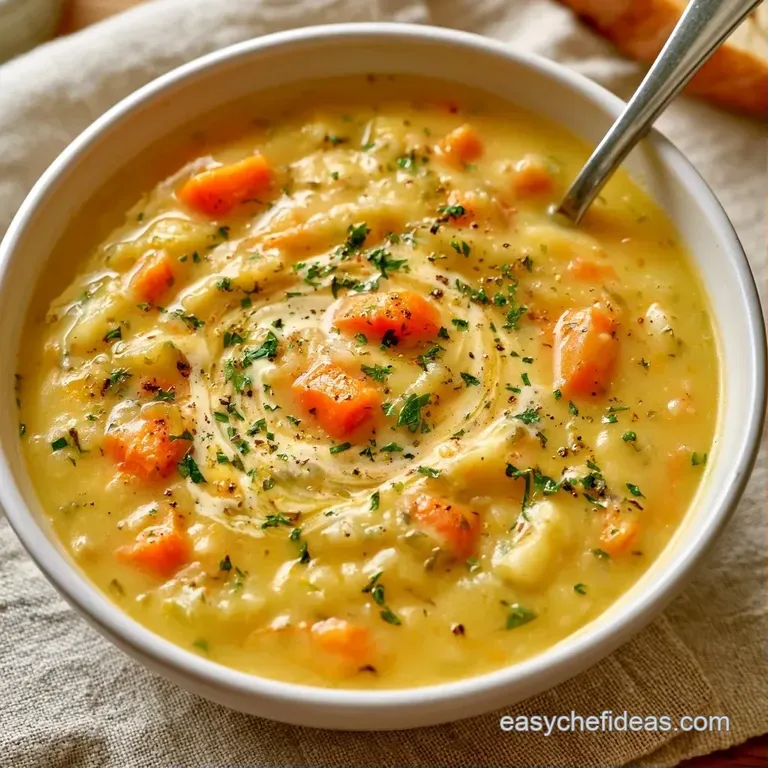 A white porcelain bowl of golden potato soup garnished with toasted croutons and a fresh sprig of parsley.