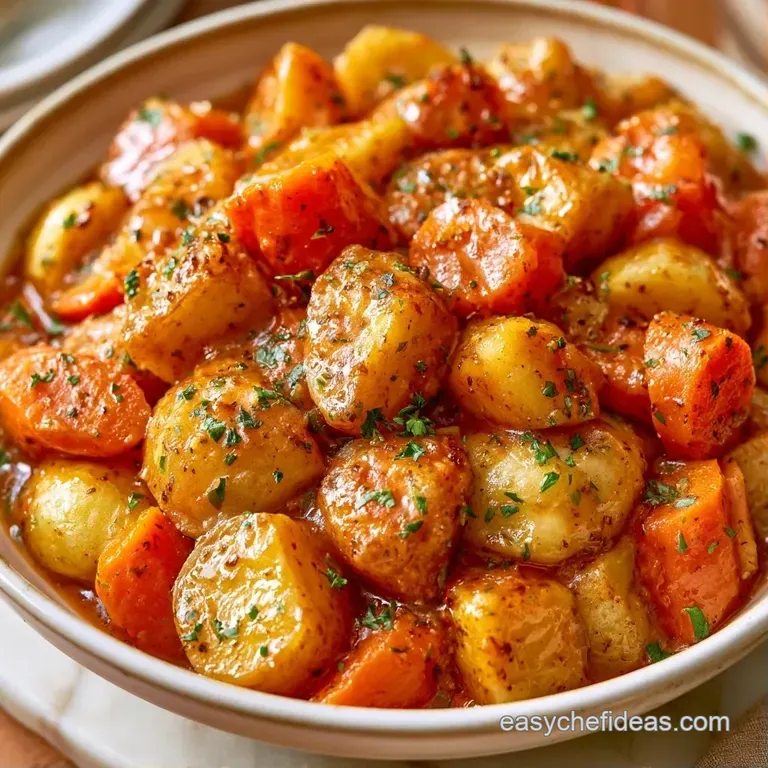 Rustic ceramic bowl of thick vegetable stew topped with fresh parsley, resting on a weathered wooden dining table.