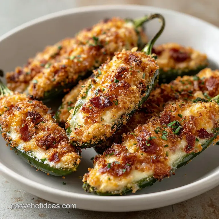Three baked jalapeno poppers artfully arranged on a white plate, garnished with a sprig of fresh cilantro. Creamy filling ...