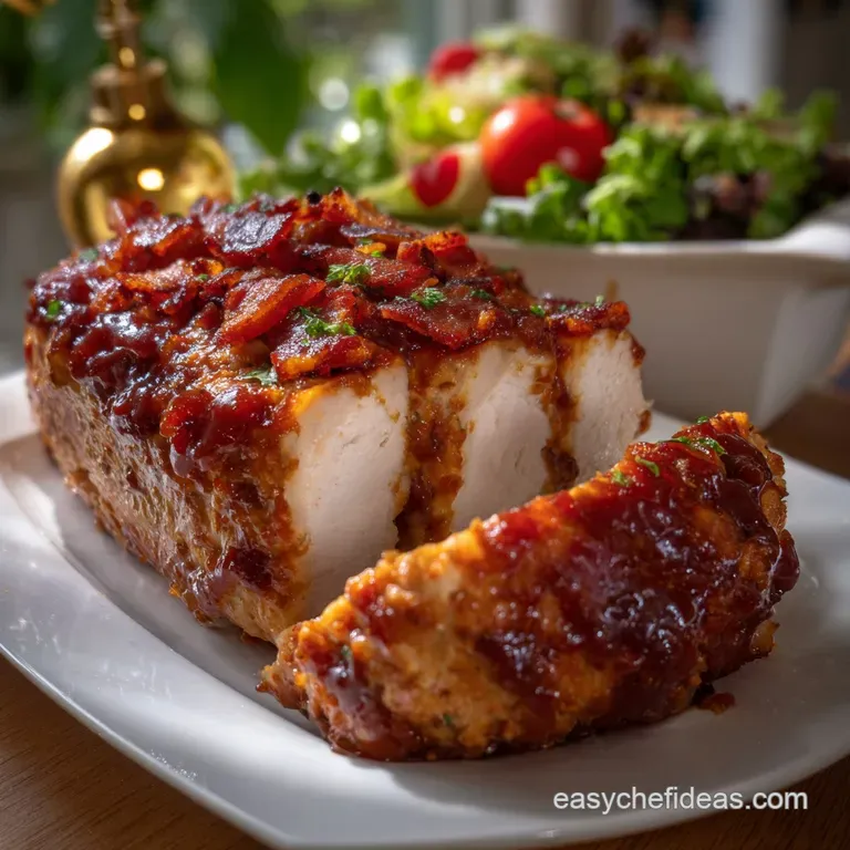Crumb-topped turkey meatloaf with crispy bacon, a rich brown glaze, and a fluffy, tender interior. Served elegantly.