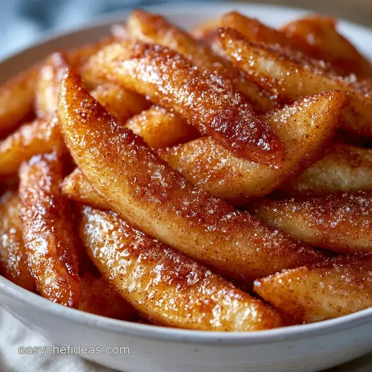 Neatly stacked cinnamon-dusted apple slices next to a small porcelain bowl of glossy, golden caramel sauce.