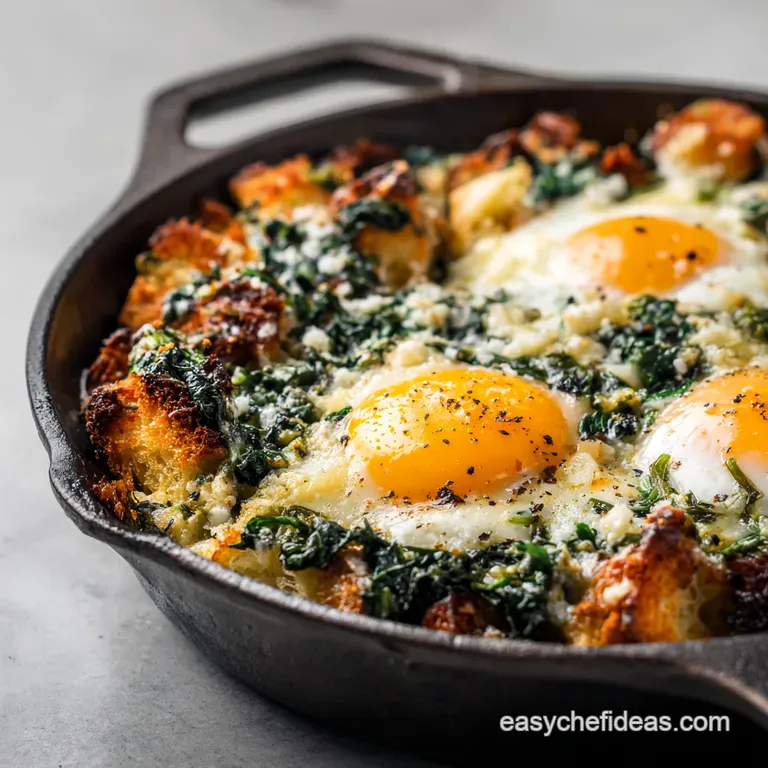 Baked Eggs Florentine Strata with Gruy&egrave;re and Crispy Prosciutto presentation