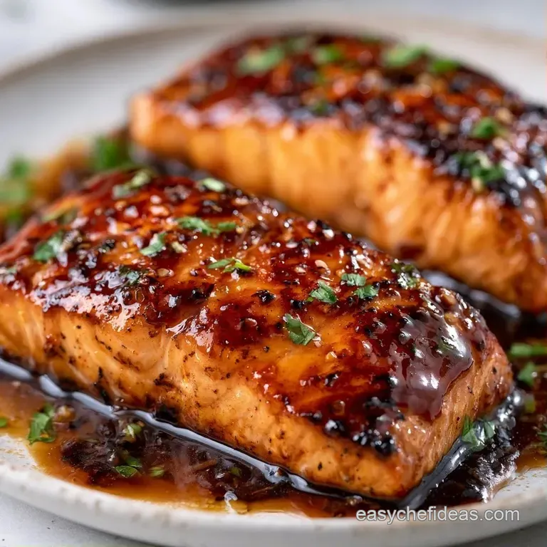 Fresh salmon fillet atop steamed greens, drizzled with a dark sticky glaze and toasted sesame seed garnish.