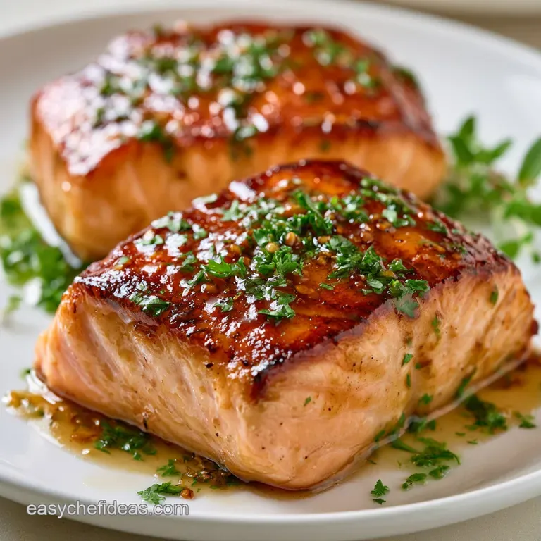 Sliced pink fish resting on vibrant steamed asparagus with a drizzle of sweet glaze and fresh lemon wedges.