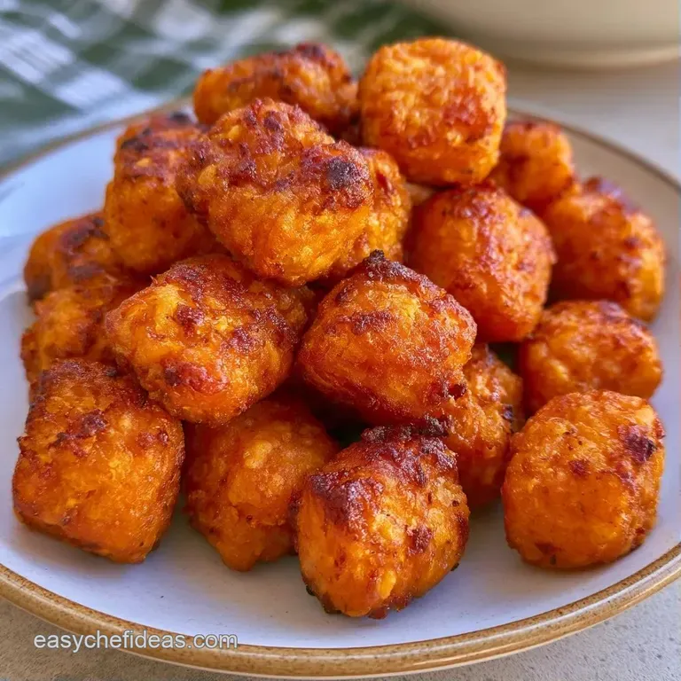 Neatly stacked orange potato bites on a white ceramic plate, garnished with fresh parsley and a small bowl of aioli.