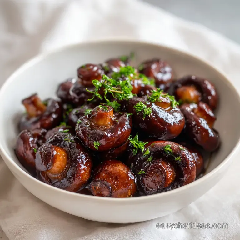 A neat mound of glazed brown mushrooms on a white ceramic plate, garnished with a sprig of fresh green parsley.