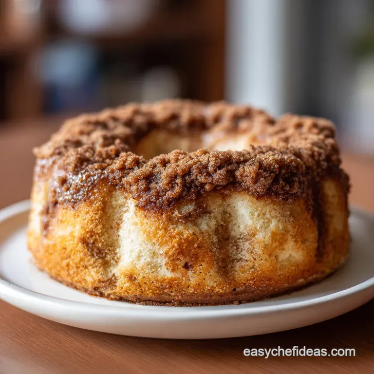 Slice of moist banana coffee cake on a plate, swirls of cinnamon visible, alongside a steaming mug.