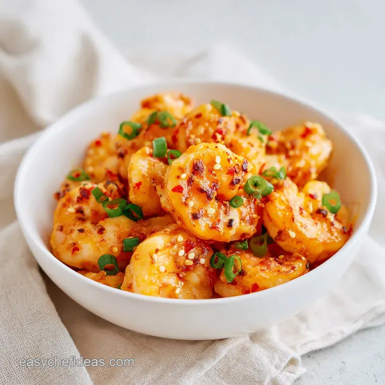 A white ceramic bowl overflowing with glistening, saucy shrimp piled high, garnished with a sprinkle of chives.
