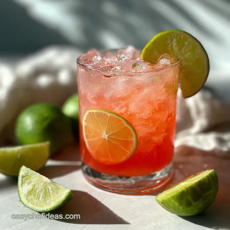 A glistening Bay Breeze drink in a tall glass with a lime slice on a tropical background. Inviting and thirst-quenching!