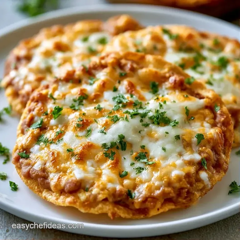 Three crispy golden tortillas layered with creamy beans and melted cheese, arranged on a modern white ceramic plate.