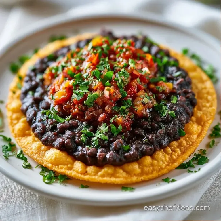 Three golden corn tortillas topped with smashed beans and colorful fresh vegetables on a rustic ceramic platter.