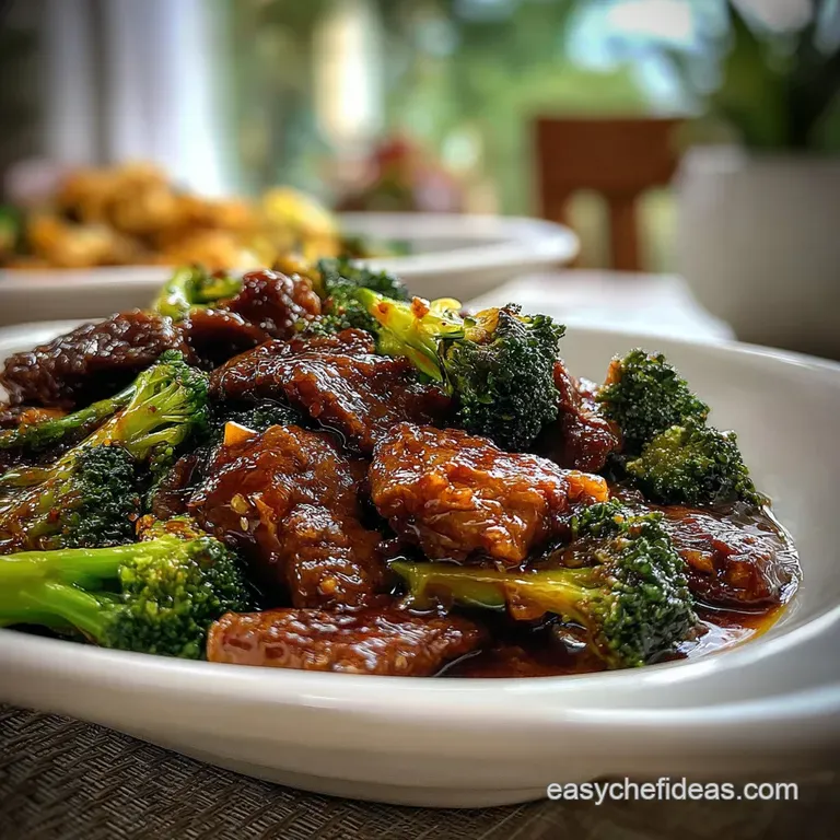 Elegant plate of beef and broccoli stir-fry showcasing tender beef, bright green broccoli florets, and a glossy, rich brow...