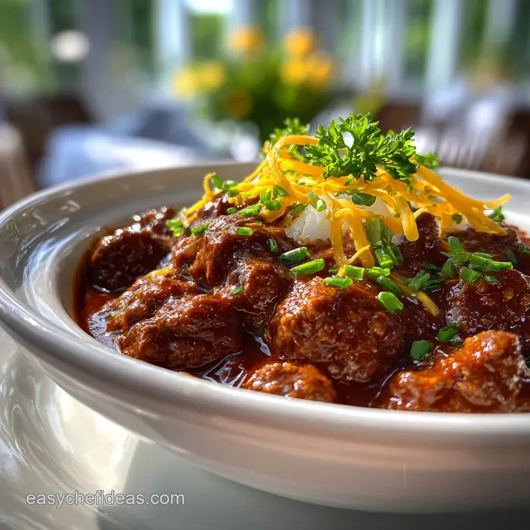A bowl of deep red chili, topped with melted cheese, sour cream, and fresh green onions. A comfort food masterpiece.