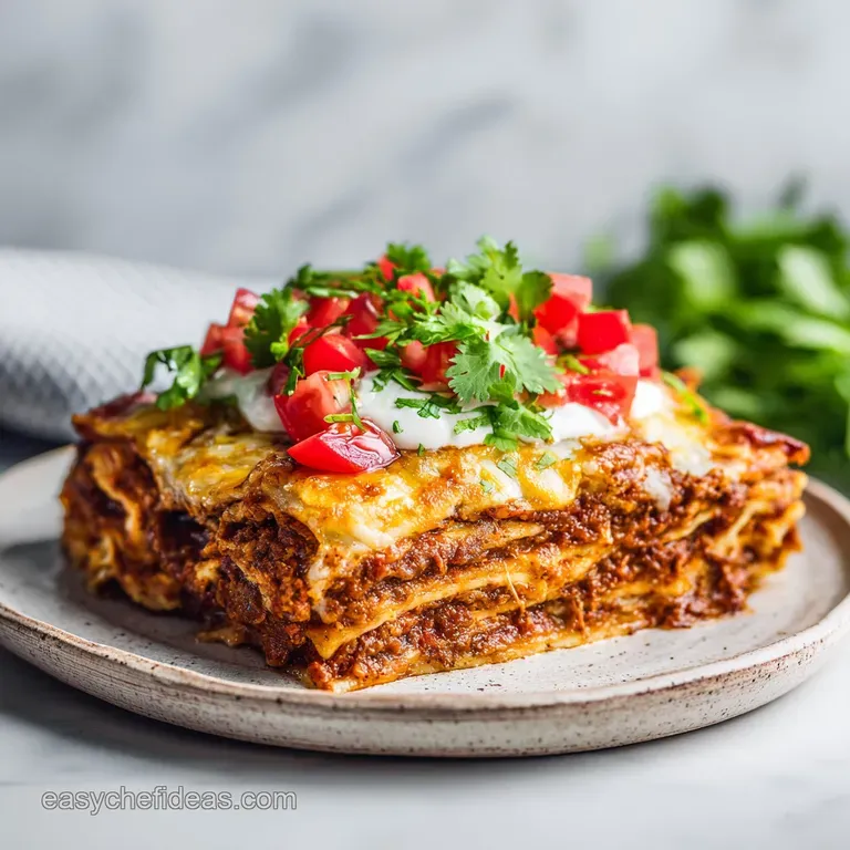 A generous scoop of enchilada casserole, topped with cheese and a dollop of sour cream, on a white plate.
