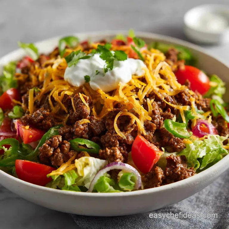 Taco salad beautifully plated with juicy ground beef, bright tomatoes, shredded cheese, crisp lettuce, and zesty dressing ...