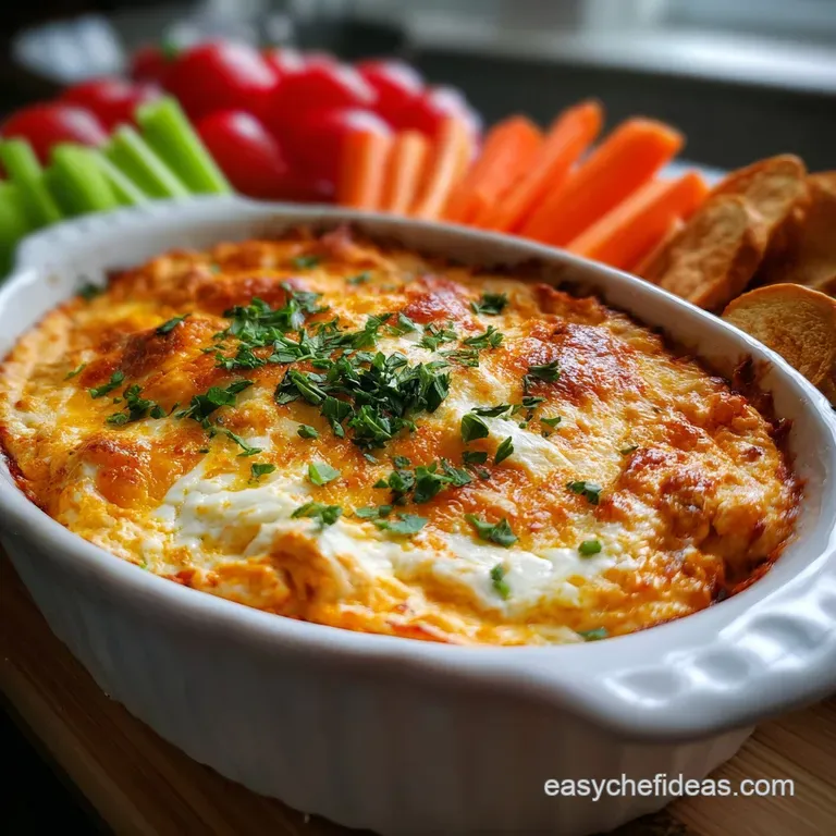 Creamy, golden buffalo chicken dip in a cast-iron skillet, garnished with vibrant green chives and celery sticks.