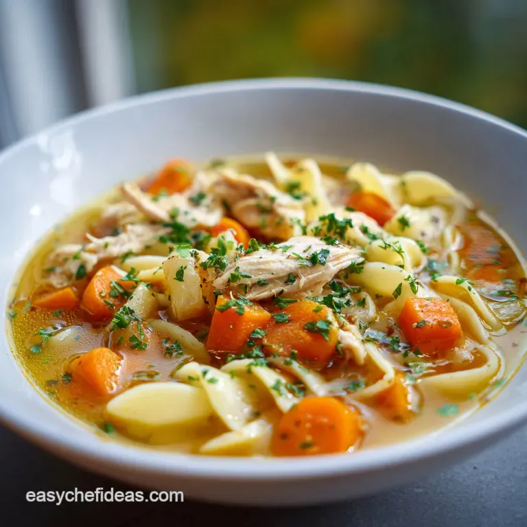 Steaming chicken noodle soup served in a white bowl, garnished with fresh parsley and a lemon wedge on a wooden table.