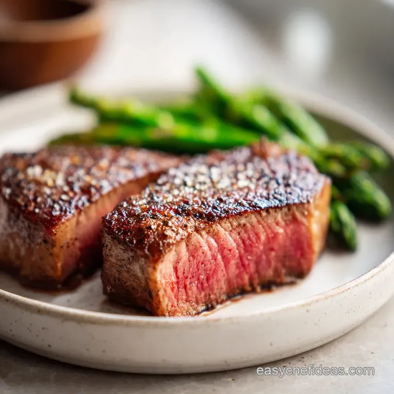 Perfectly seared steak slices fanned across a plate, topped with fresh herbs, alongside vibrant green asparagus spears and...