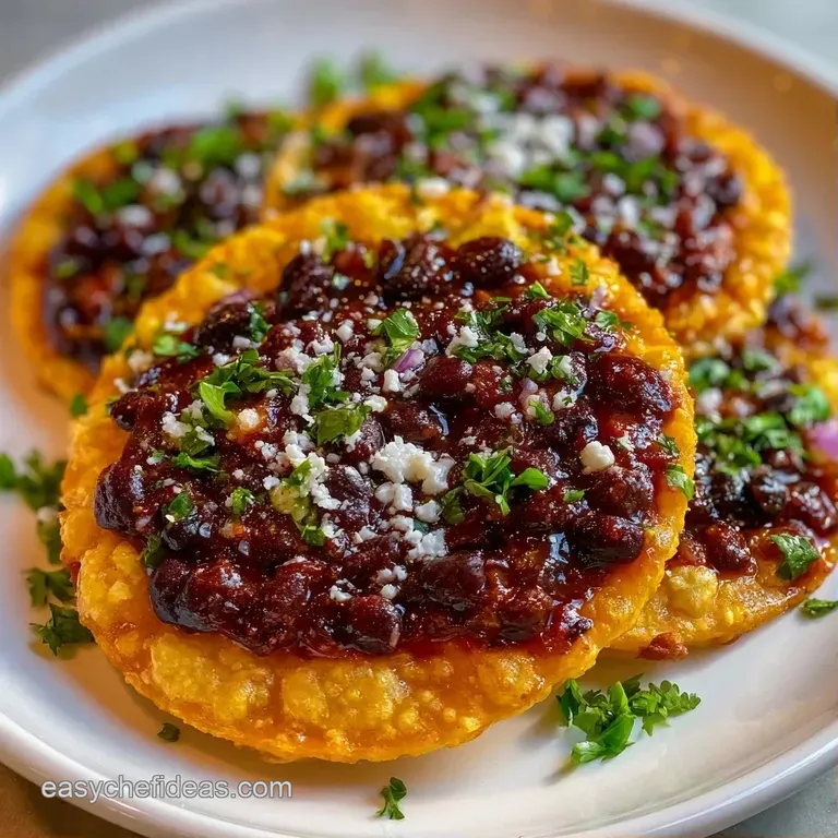 Three golden crunchy tortillas topped with smashed beans and vibrant vegetables arranged on a matte black platter.