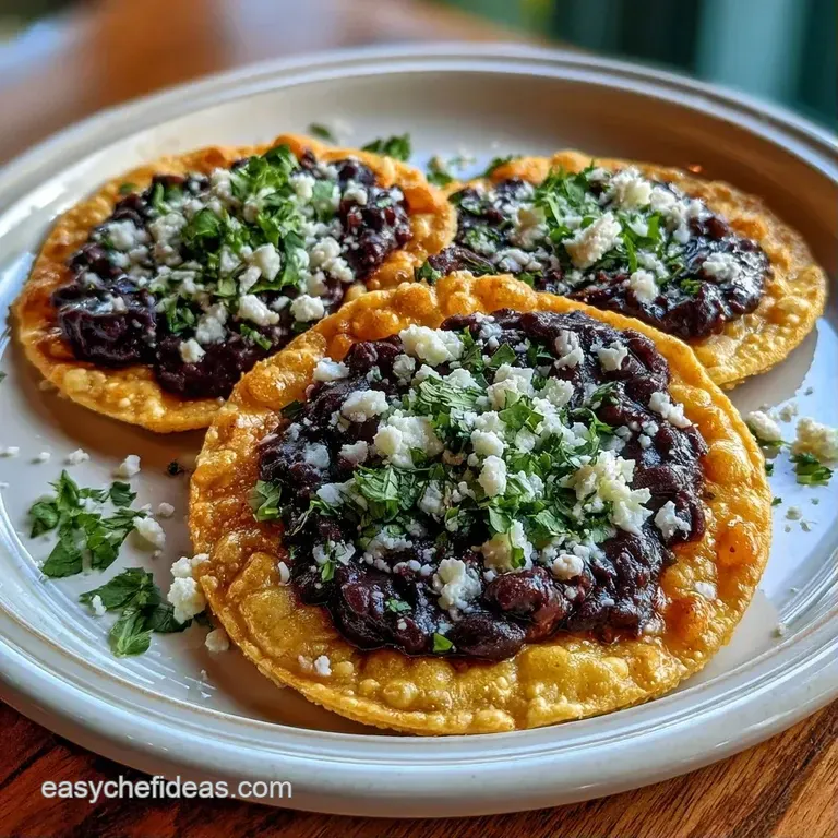 Three golden corn shells topped with dark bean puree and vibrant vegetables arranged on a rustic ceramic plate.