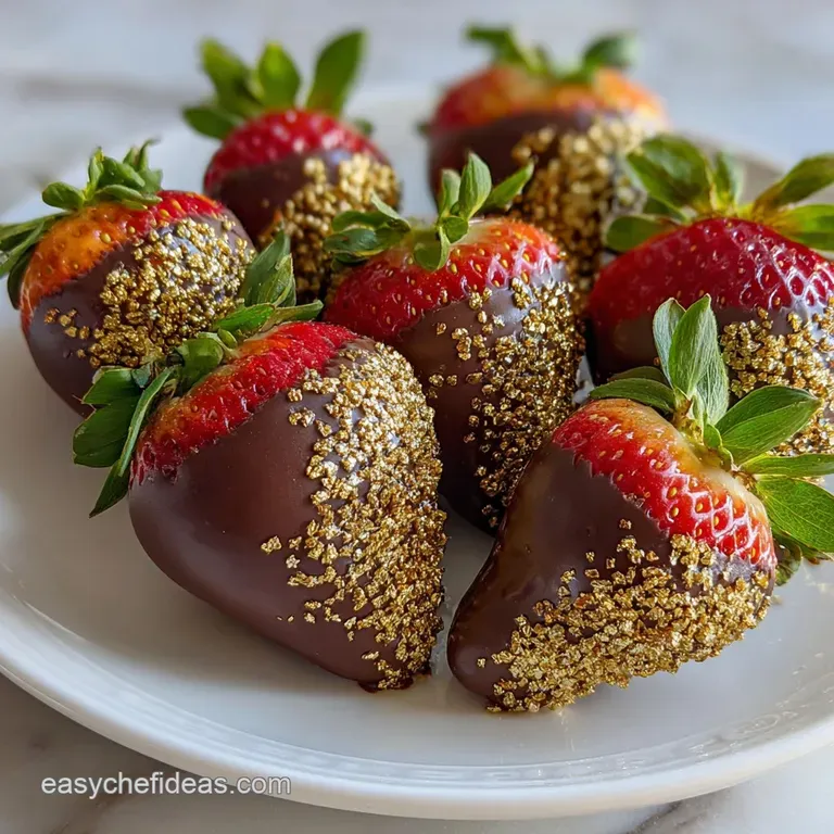 Elegant dessert plate featuring glistening chocolate strawberries dusted with gold, hinting at rich flavor and decadent in...