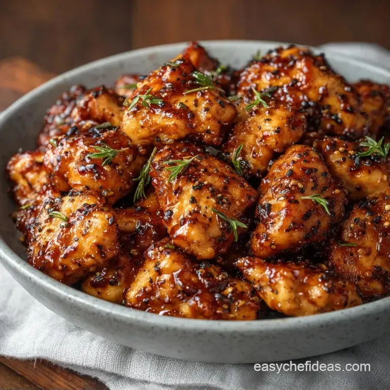 Tender chicken chunks in a rich brown glaze served in a white bowl with fresh green onion garnishes.
