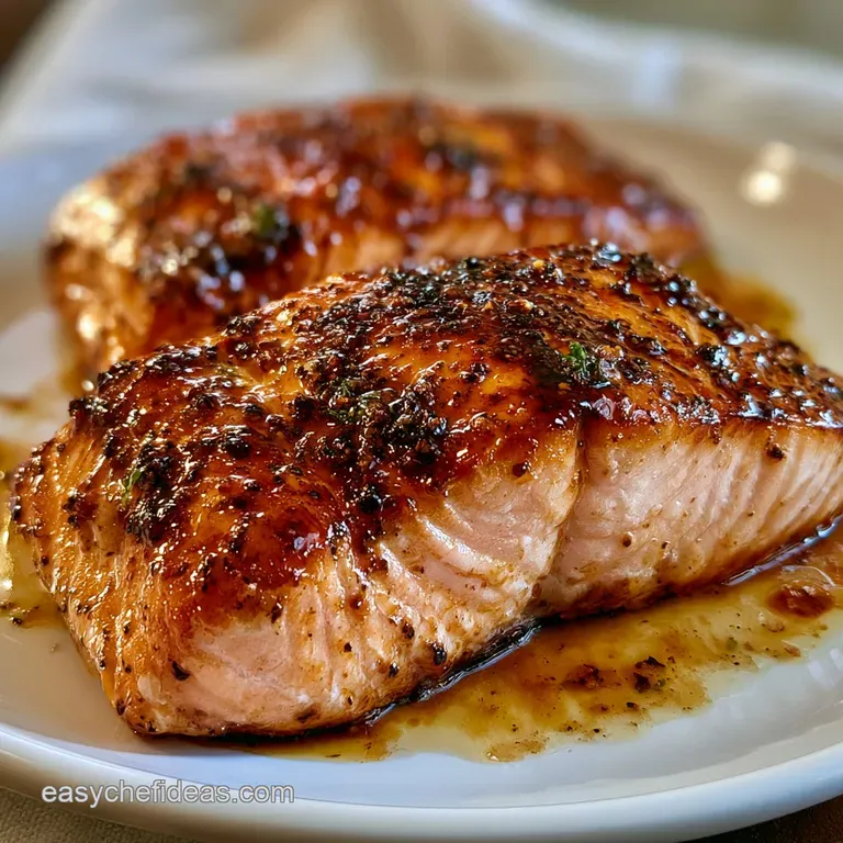 Glazed pink salmon fillet on a bed of wilted greens, accented by bright lemon wedges and a sprinkle of fresh herbs.
