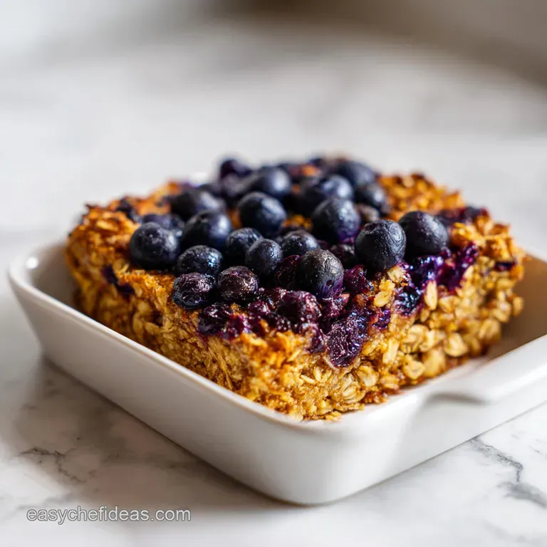 A square slice of golden baked oats topped with shimmering maple syrup and a fresh mint leaf on a white plate
