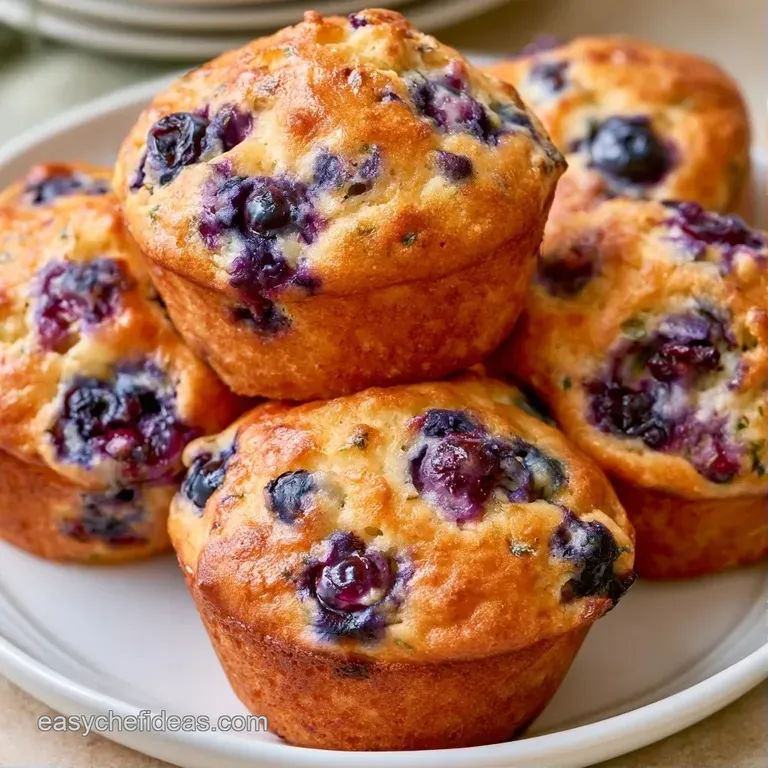Three moist muffins arranged on a white ceramic plate with a linen napkin and a side of creamy melted butter.