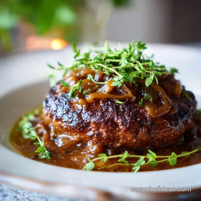 A single Salisbury steak bathed in savory gravy, artfully plated alongside creamy mashed potatoes and bright green beans.