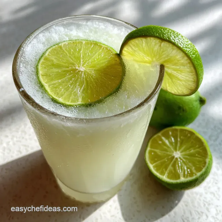 A chilled pitcher of creamy green Brazilian lemonade, adorned with lime wedges, alongside glasses ready to be poured. Invi...