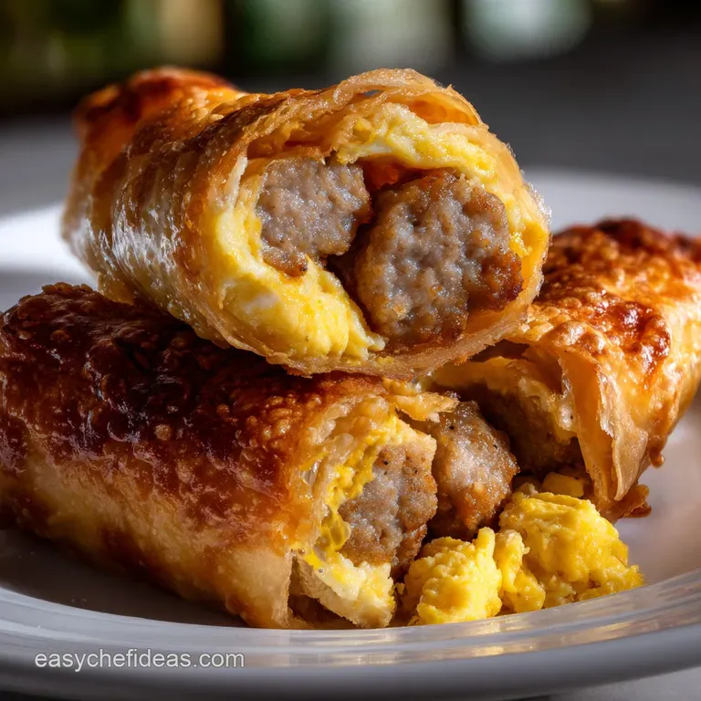 Elegant plate with two perfectly formed egg rolls, drizzled with a rich sauce. Garnished with fresh herbs, a visual feast.
