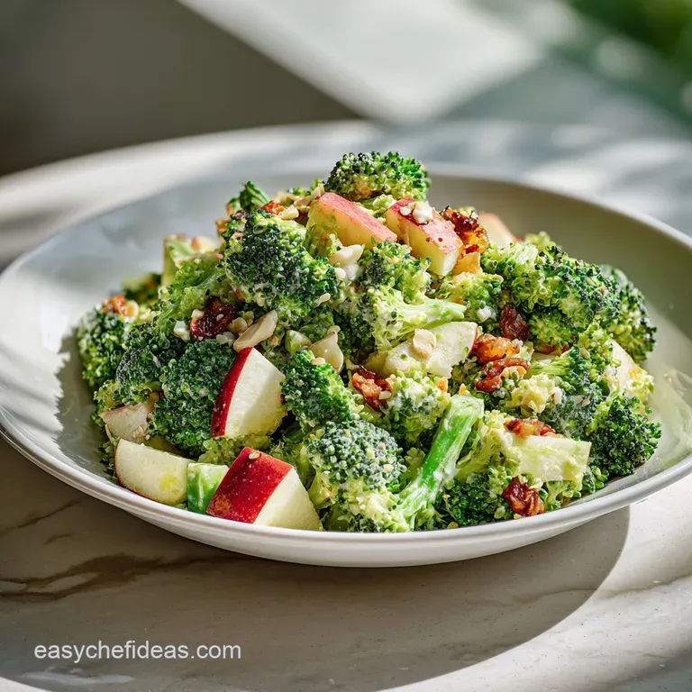 A spoonful of broccoli apple salad shows the creamy dressing clinging to the crisp broccoli and colorful apple pieces.