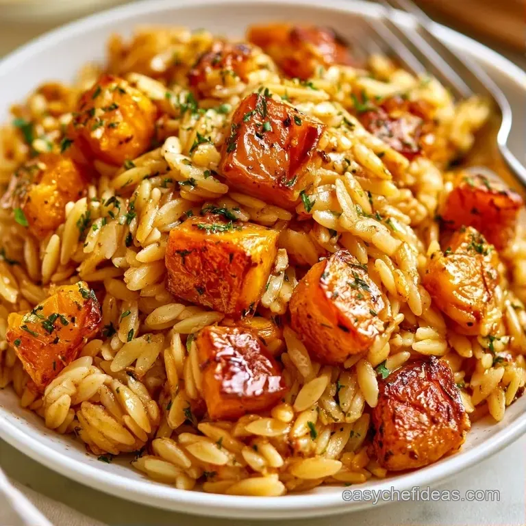 Nutty golden pasta and roasted orange squash in a white bowl, topped with crisp sage leaves and cracked pepper.