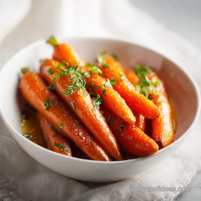 A neat portion of vibrant, glazed carrots artfully arranged on a white plate, garnished with fresh green herbs.