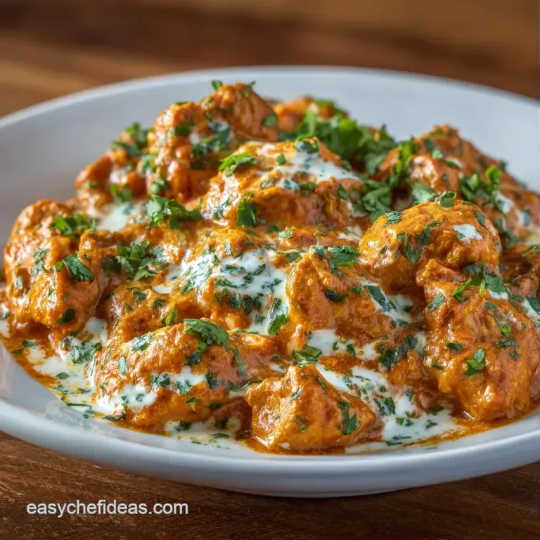 A copper pot of creamy orange curry beside a piece of charred garlic naan and a bowl of fluffy white basmati rice.