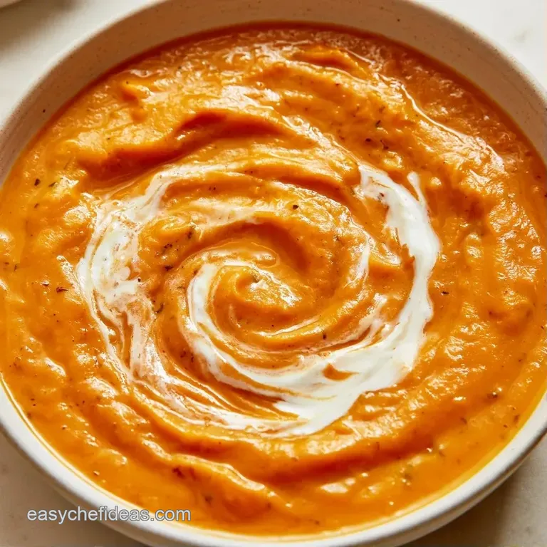 Velvety orange soup in a white ceramic bowl, finished with a swirl of white cream and a sprig of fresh green thyme.